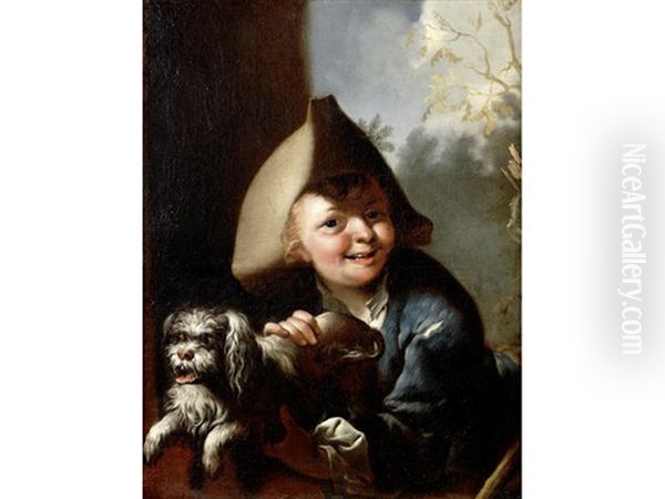 A Young Girl With A Cat And A Basket Of Fruit (+ A Young Boy With A Dog; Pair) - view 1