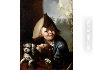A Young Girl With A Cat And A Basket Of Fruit (+ A Young Boy With A Dog; Pair) by Lukas Konrad Pfanzelt