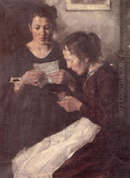 An Interior Scene With A Woman Reading A Letter And Another Chrocheting - view 1