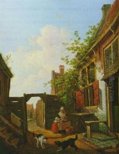 A Sunlit Courtyard With Mother And Child Peeling Vegetables by Francois Joseph Pfeiffer the Younger