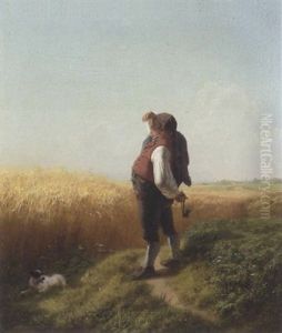 Gutsbesitzer Blickt Uber Sein Reifes Kornfeld, Vor Ihm Liegt Ein Kleiner Hund by Friedrich Wilhelm Pfeiffer