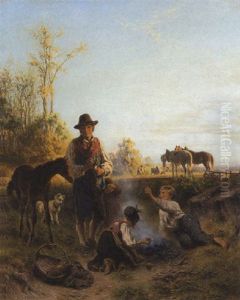 Ein Dachauer Bauer Mit Kindern Beim Kartoffelfeuer by Friedrich Wilhelm Pfeiffer