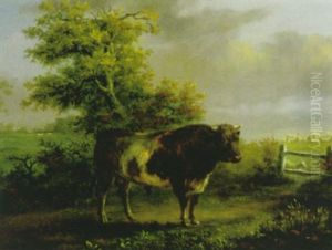 Landschaft Mit Schwarzweissen Stier by Friedrich Wilhelm Pfeiffer