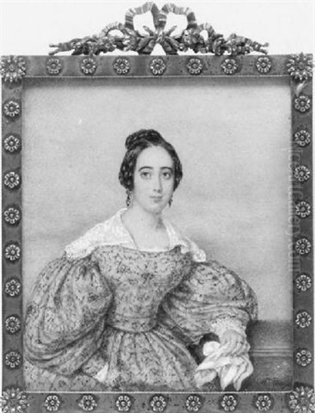 A Lady In Buff-coloured Dress With Floral Design, White Lace Sleeves And Collar - view 1