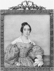 A Lady In Buff-coloured Dress With Floral Design, White Lace Sleeves And Collar by Elizabeth Pfenninger