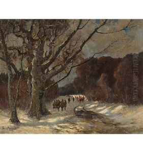 Jagdgesellschaft In Verschneiter Landschaft by Franz Pflugradt
