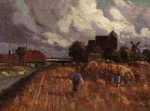 Kinder Beim Spiel Auf Dem Abgeernteten Kornfeld by Franz Pflugradt