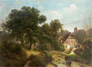 Romantische Muhlenlandschaft Mit Bach, Fruher Kirche Und Prachtvollem Waldstuck An Einem Sommertag by Gustav Pflugradt