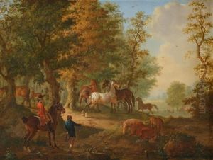 Cavaliers Et Villageois Observant Des Chevaux En Liberte by Johann Georg Pforr