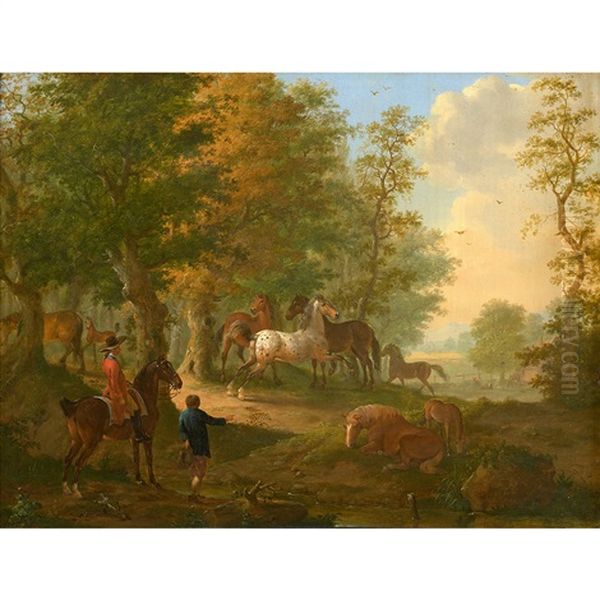 Cavaliers Et Villageois Observant Des Chevaux En Liberte - view 1