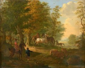 Cavalier Et Villageois Observant Des Chevaux En Liberte
