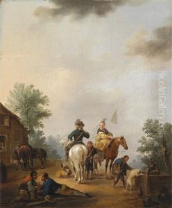 Reiter Und Reiterin Vor Einem Brunnen (+ Reiter Und Reiterin Vor Einer Stadtmauer; Pair) by Johann Georg Pforr