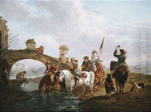 Eine Elegante Jagdgesellschaft Trankt Ihre Pferde An Einem Bach by Johann Georg Pforr