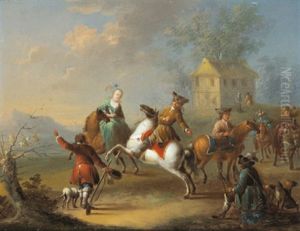 Elegante Reiter In Einer Landschaft (+ Aufbruch Zur Falkenjagd; Pair)