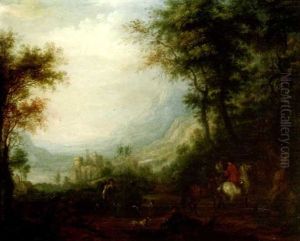 Berittene Jagdgesellschaft Mit Ihren Burschen Am Rande Einer Weiten, Bergigen Fluslandschaft by Johann Georg Pforr