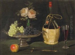 Tischstillleben Mit Chiantiflasche, Weinglas, Obstaufsatz Und Blumen by Alois Pfund