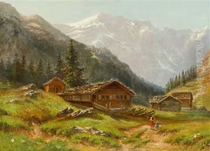 Sommertag Im Gebirge Mit Sennhutten, Personenstaffage Und Beleuchtetem Massiv by Niklaus von Pfyffer