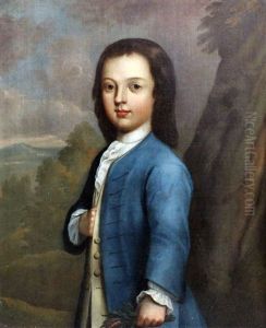 Half Length Portrait Of A Young Boy Wearing A Blue Frock Coat by Richard Phelps