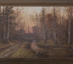 Autumn Sunset Over Birches And Stream