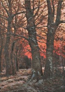 Snowy Woods At Sunset With Grazing Deer by William Preston Phelps