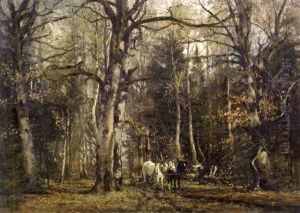 Wooded Landscape With Horses Pulling A Cart by William Preston Phelps
