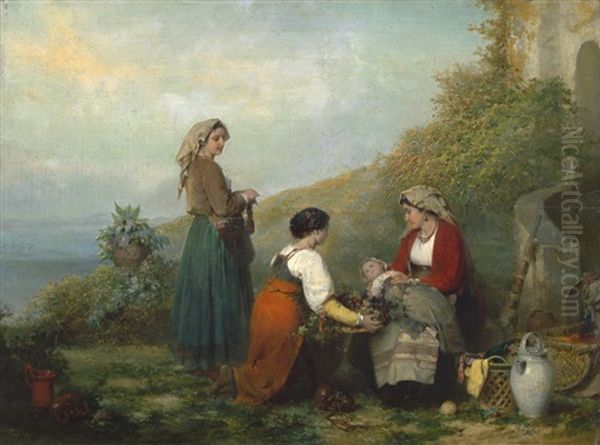 Junge Italienerinnen Mit Kleinkind Auf Einer Terasse Vor Einer Kustenlandschaft - view 1