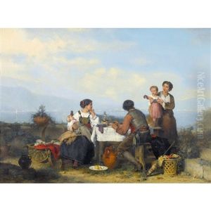 Italienische Uferlandschaft Mit Familie Am Tisch by Karel Frans Philippeau