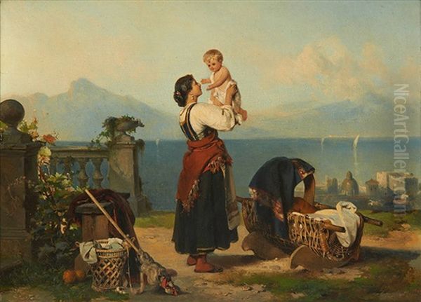 Mere Et Enfant Sur Fond De Paysage Lacustre - view 1