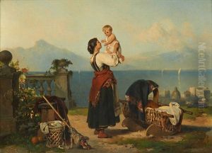 Mere Et Enfant Sur Fond De Paysage Lacustre by Karel Frans Philippeau
