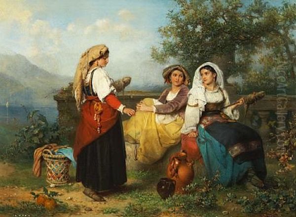 Three Young Maidens Spinning Wool - view 1