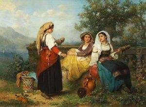 Three Young Maidens Spinning Wool