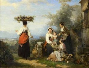 Paysannes Napolitaines Se Reposant Dans Une Cour De Ferme by Karel Frans Philippeau