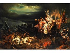 Schlachtfeld Mit Am Boden Liegenden Gefallenen Soldaten Und Zerbrochenen Kanonen In Nachtlicher Stimmung Bei Fackelschein by Henri Felix Emmanuel Philippoteaux