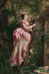 Elegante Junge Dame Auf Einer Leiter, Sehnsuchtig Uber Eine Gartenmauer Blickend Elegante Junge Dame Auf Einer Leiter, Sehnsuchtig Uber Eine Gartenmauer Blickend