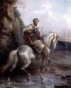 Caid A Cheval Traversant Un Gue by Paul Dominique Philippoteaux