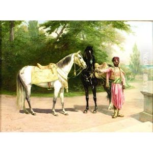 Two Horses With An Arab Groom And A Town Beyond (constantinople?) by Paul Dominique Philippoteaux