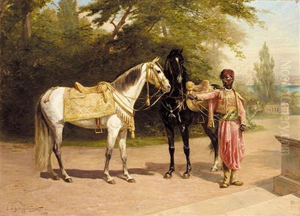Deux Etalons Avec Un Valet D'ecurie - view 1