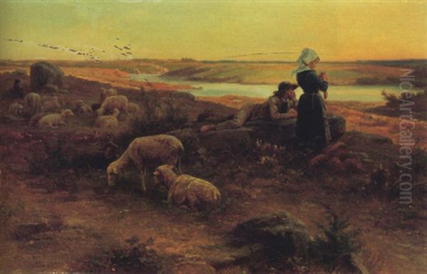 Junge Schafhirten In Abendlicher Flusslandschaft - view 1