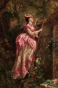 Elegante Junge Dame Auf Einer Leiter, Mit Sehnsuchtigem Blick Uber Die Gartenmauer Elegante Junge Dame Auf Einer Leiter, Mit Sehnsuchtigem Blick Uber Die Gartenmauer