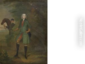 Portrait Of A Gentleman, Full-length, In A Green Coat, And A Groom Holding A Hunter In The Background