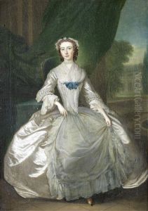 Portrait Of A Lady, Full-length, In A White Silk Dress, Seated On A Terrace