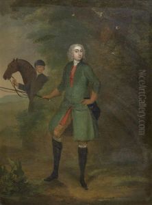 Portrait Of A Gentleman, Full-length, In A Green Coat, And A Groom Holding A Hunter In The Background