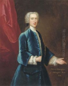 Portrait Of Edward Repington Of Amington Park, Three-quarter-length, In A Blue Velvet Coat And White Shirt, A Red Curtain Beyond