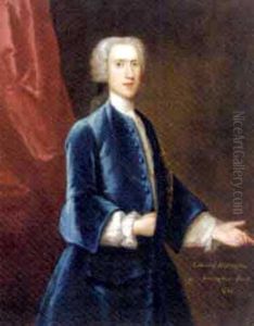 Portrait Of Edward Repington Of Amington Park In A Blue Velvet Coat And White Shirt, A Red Curtain Beyond