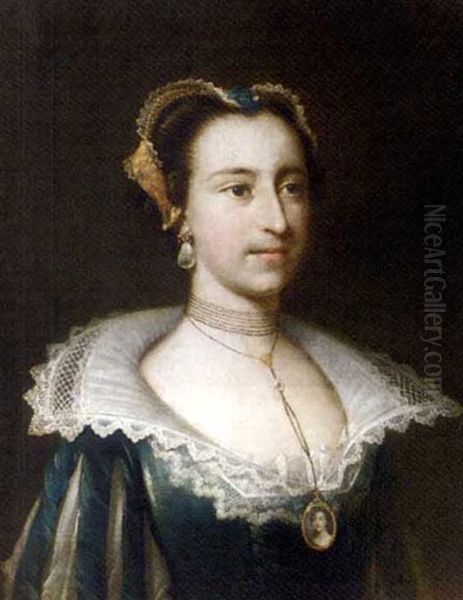 Portrait Of A Lady In A Blue Dress, Slashed White At The Sleeves, With A Lace Collar And Miniature Pendant - view 1