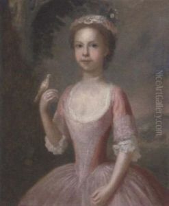 Portrait Of A Girl In A Pink And White Dress, Holding A Bird, In A Landscape