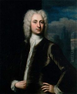 Portrait Of A Nobleman In A Plum Colour Jacket With A White Cravat And A Black Tricorn Hat Under His Arm, A View To A Landscape Beyond