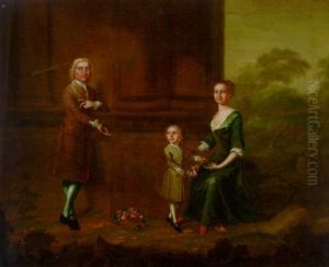 Portrait Of A Gentleman With His Wife And Child, In Brown Coat, The Child Holding A Garland Of Flowers