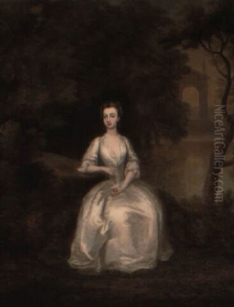 Portrait Of A Lady In A White Dress Seated Beside A Lake In Wooded Landscape - view 1