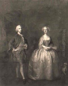 Portrait Of A Lady And Gentleman Standing In An Interior With A Dog by Charles Philips